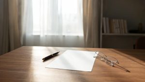 Documento sucesorio sobre una mesa junto a una estilográfica y unas gafas.