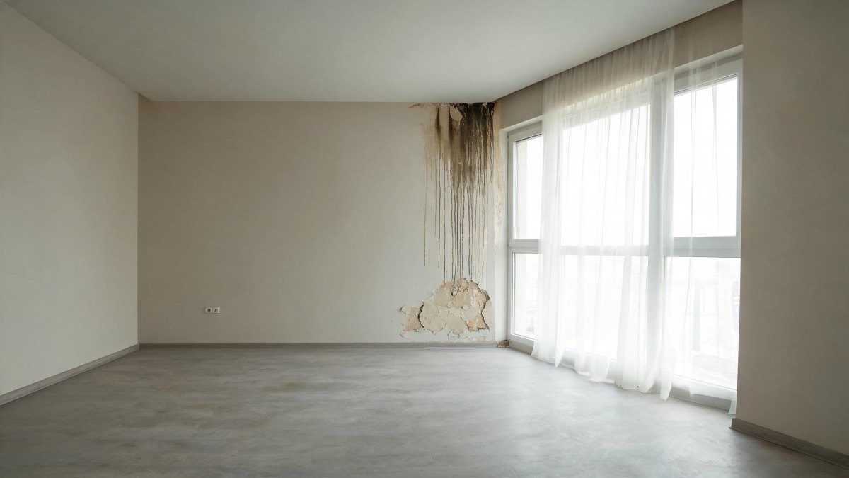 Pared de una vivienda con signos visibles de humedad y desperfectos en la pintura junto a una ventana.