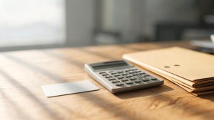 Una tarjeta de crédito genérica junto a una calculadora y carpetas de documentos jurídicos sobre un escritorio.