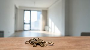 Llaves depositadas sobre una mesa en el interior de una vivienda vacía con luz natural.