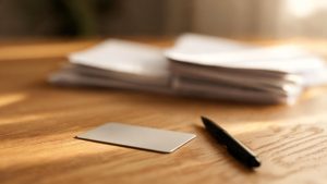 Tarjeta de crédito genérica sobre una mesa de oficina junto a documentación legal y económica.
