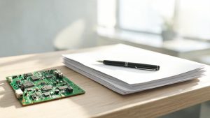 Componente electrónico y documentos de reclamación sobre una mesa de madera.