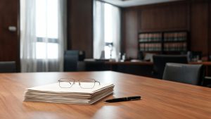 Mesa de despacho jurídico con documentos legales desenfocados, pluma y gafas.