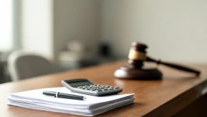 Documentos de nómina y cálculos salariales sobre una mesa de despacho con un mazo judicial desenfocado al fondo.