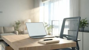 Espacio de trabajo doméstico con ordenador portátil sobre un escritorio iluminado por luz natural.