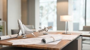 Mesa de trabajo con bocetos técnicos y maquetas conceptuales sobre innovación y patentes tecnológicas.