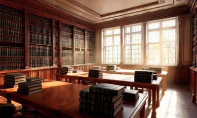 Interior de una biblioteca jurídica parlamentaria con mesas de madera y estanterías con libros de derecho.
