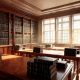 Interior de una biblioteca jurídica parlamentaria con mesas de madera y estanterías con libros de derecho.