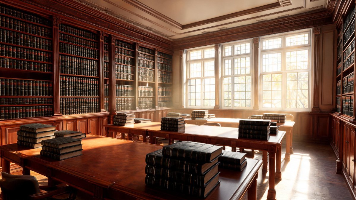 Interior de una biblioteca jurídica parlamentaria con mesas de madera y estanterías con libros de derecho.