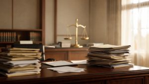 Expedientes jurídicos y balanza de la justicia sobre un escritorio de madera en un despacho profesional