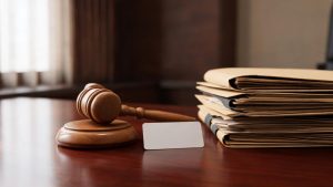 Mazo judicial sobre un escritorio de madera junto a una tarjeta de crédito genérica y expedientes legales.