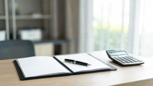 Mesa de trabajo con documentos contractuales, calculadora y estilográfica sobre fondo desenfocado.