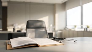 Escritorio de oficina con elementos de trabajo y salud que representan la incapacidad temporal en el entorno laboral.