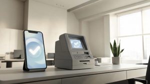 Terminal financiero y dispositivo móvil en un entorno tecnológico corporativo.
