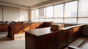 Mesa de tribunal con expedientes jurídicos en una sala de vistas vacía.
