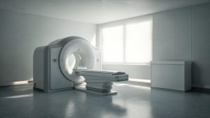 Sala médica con equipo de diagnóstico por imagen iluminada de forma tenue.