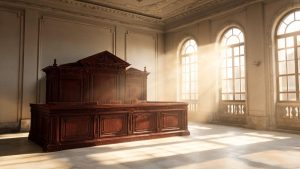 Sala judicial con estrados de madera y luz natural