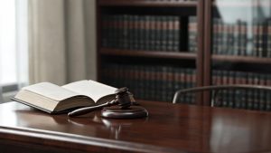 Mazo de juez sobre una mesa de madera junto a textos legales