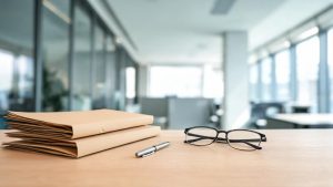Mesa de despacho con carpetas y documentos jurídicos desenfocados en un entorno corporativo.